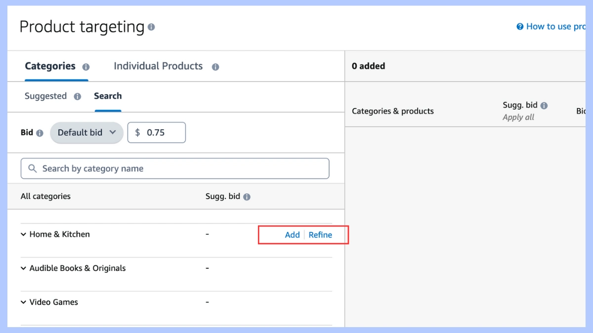Category targeting with filtering out tough competition in Amazon PPC campaign