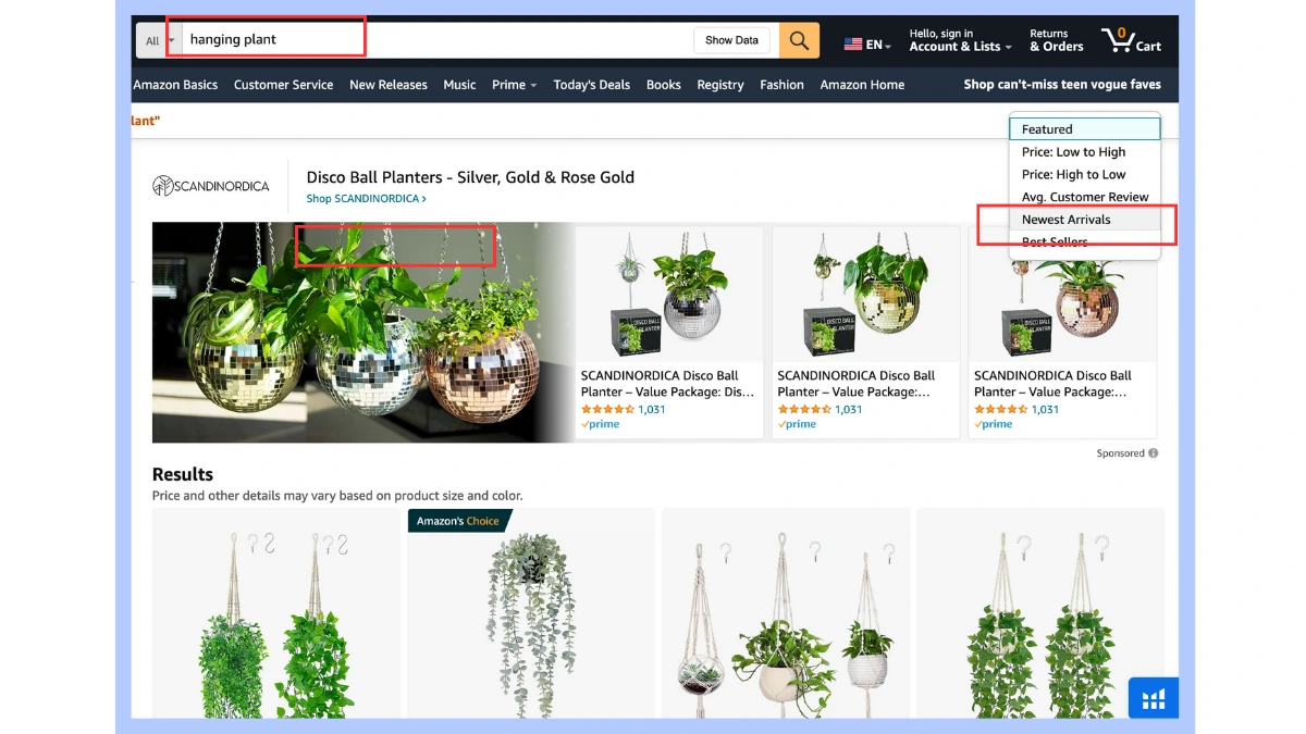 Select the filter new arrival on SERP in Amazon PPC campaign