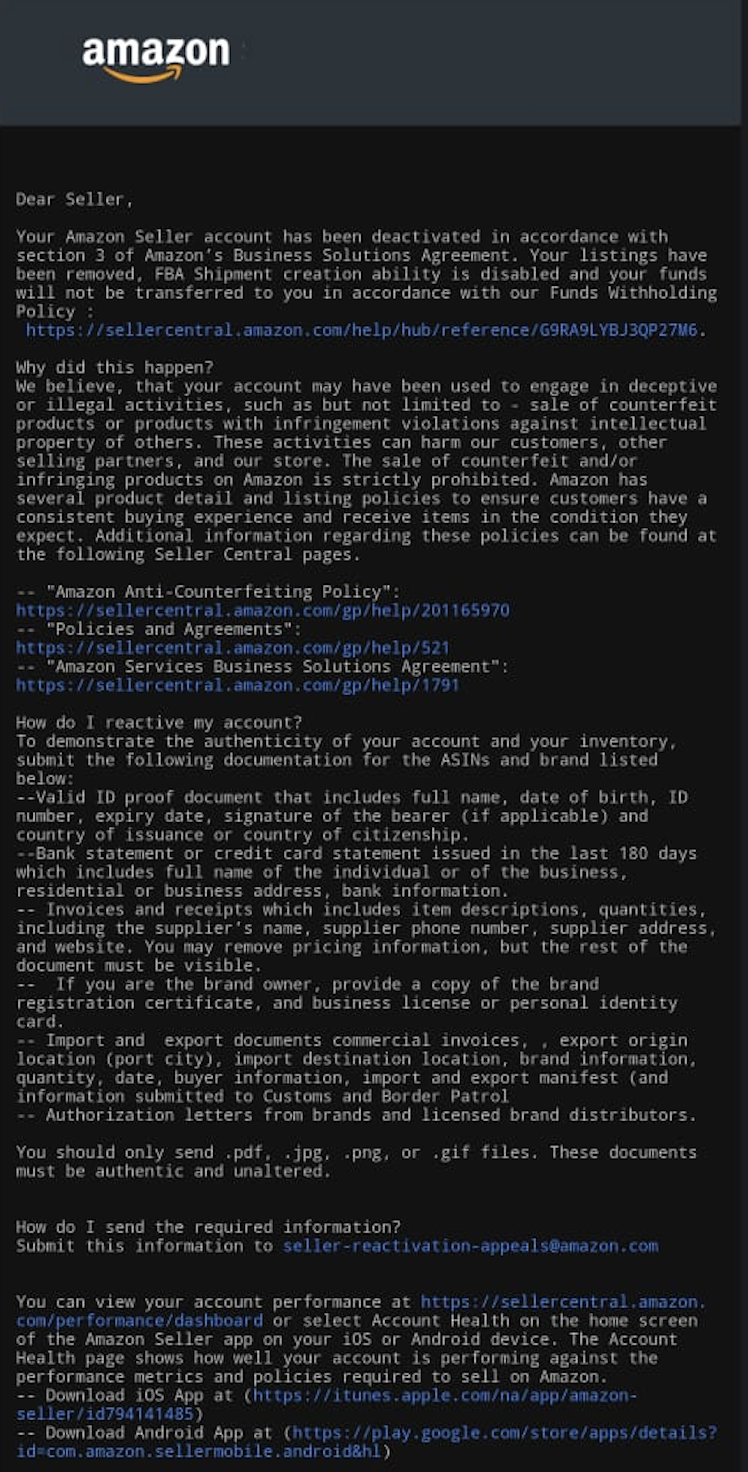 Amazon account suspension letter